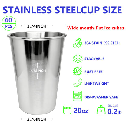 WELVRVIR 20oz 60PCS Stainless Steel Pint Cup,Pint Tumbler,Reusable metal Cups,Stainless Steel Water Tumbler,BPA Free,Stackble,Durable,Unbreakable Metal Drinking Glasses for Bar,Banquet Mugs (60, 20OZ)
