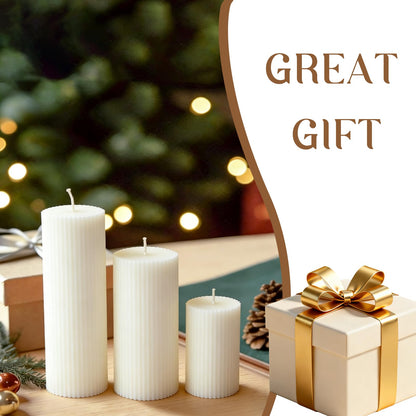 3×6 Inch Thick Ribbed Soy White Pillar Candle Set, 3 Packs White Votive and Emergency Candles, 180 Hours Burn Time, Smokeless&Dripless Large Round Candle for Wedding/Home/Office Decor