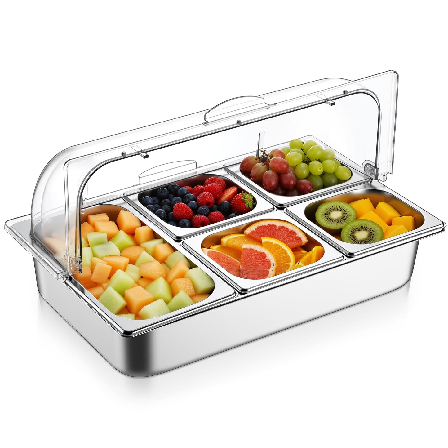 Ziliny Countertop Food Serving Display Container and Clear Roll Top Cover Stainless Steel Food Serving Tray Buffet Condiment Dispenser Display Rack for Restaurant Hotel Kitchen Party (21 x 13 x 11)