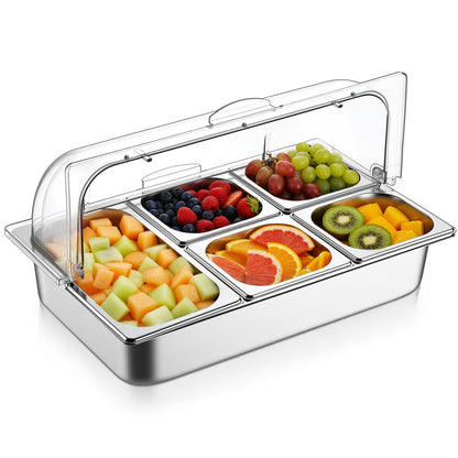 Ziliny Countertop Food Serving Display Container and Clear Roll Top Cover Stainless Steel Food Serving Tray Buffet Condiment Dispenser Display Rack for Restaurant Hotel Kitchen Party (21 x 13 x 11)