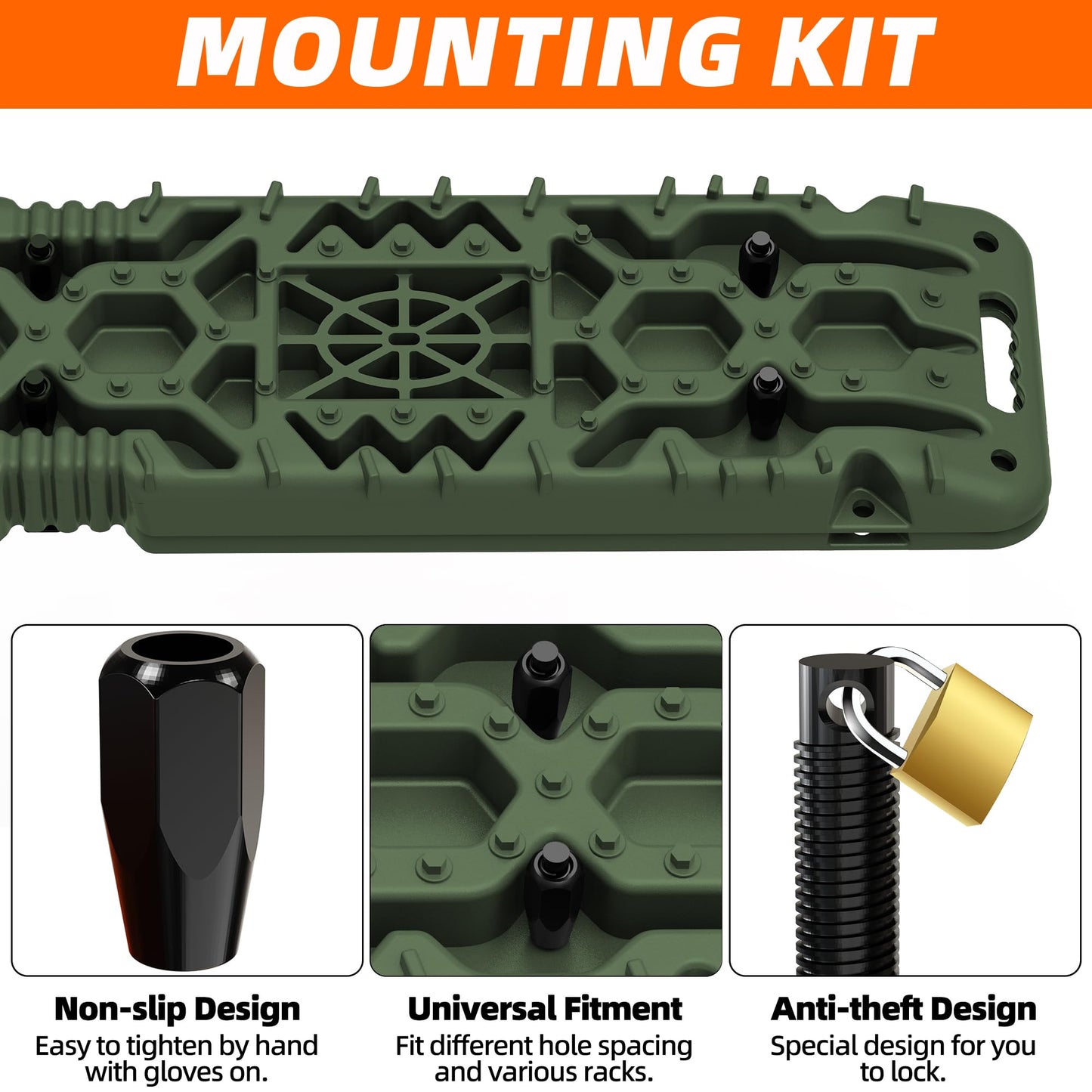 ALL-TOP Traction Boards with Build-in Jack Base, 2PCS Recovery Boards & Mounting Kit for Overlanding (4th Gen, Army Green)