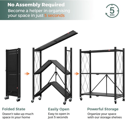 DEANIC 3 Tier Foldable Storage Shelves with Wheels, Large Capacity Shelving Unit, Freestanding Metal Wire Shelf Rack, No Assembly Organizer Rack for Garage Kitchen, Basement, Pantry(Black,3 Pack)