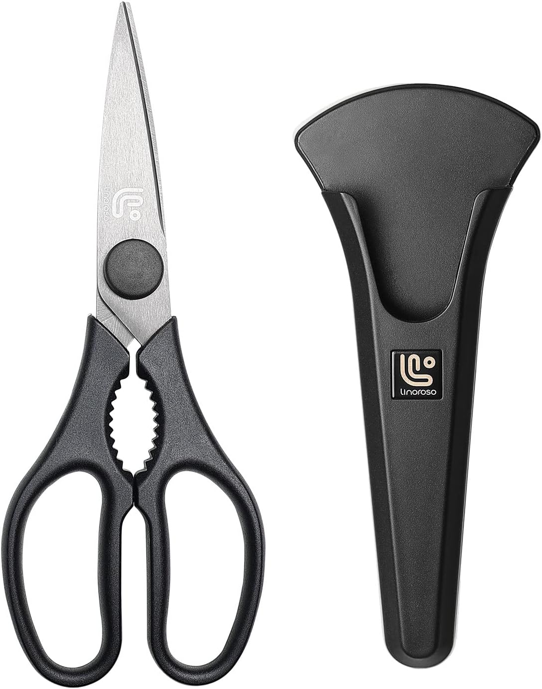 Linoroso Kitchen Shears - Heavy Duty Scissors with Magnetic Holder | Dishwasher Safe, Japanese Steel for Meat & Vegetables, Black