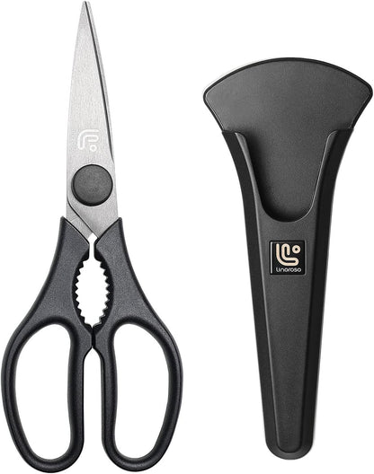 Linoroso Kitchen Shears - Heavy Duty Scissors with Magnetic Holder | Dishwasher Safe, Japanese Steel for Meat & Vegetables, Black