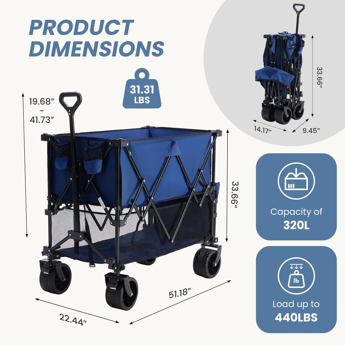 DUMOS 440LBS Heavy Duty Double Decker Wagon Cart with Extender, 400L Large Capacity Collapsible Folding Wagons with Brakes, Adjust Handle, All-Terrain Big Wheels for Garden Shopping Camping - Blue