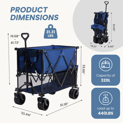 DUMOS 440LBS Heavy Duty Double Decker Wagon Cart with Extender, 400L Large Capacity Collapsible Folding Wagons with Brakes, Adjust Handle, All-Terrain Big Wheels for Garden Shopping Camping - Blue