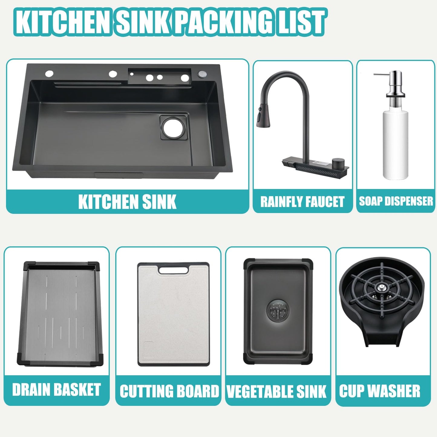 Nano Black Kitchen Single Bowl Sink Stainless Steel Waterfall Sink with Double button Pull-Out Tap,rain Basket,Cup washer, cutting board, vegetable washing basin (BLACK, 30X18")