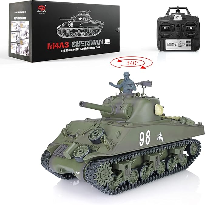 Heng Long US in Stock RC Tank 2.4G 1/16 Scale 7.0 Plastic Version M4A3 Sherman Smoking Unit Battle Tank Military Transport Vehicles 340° Rotating Turret IR Combat Model 3898 BB Airsoft
