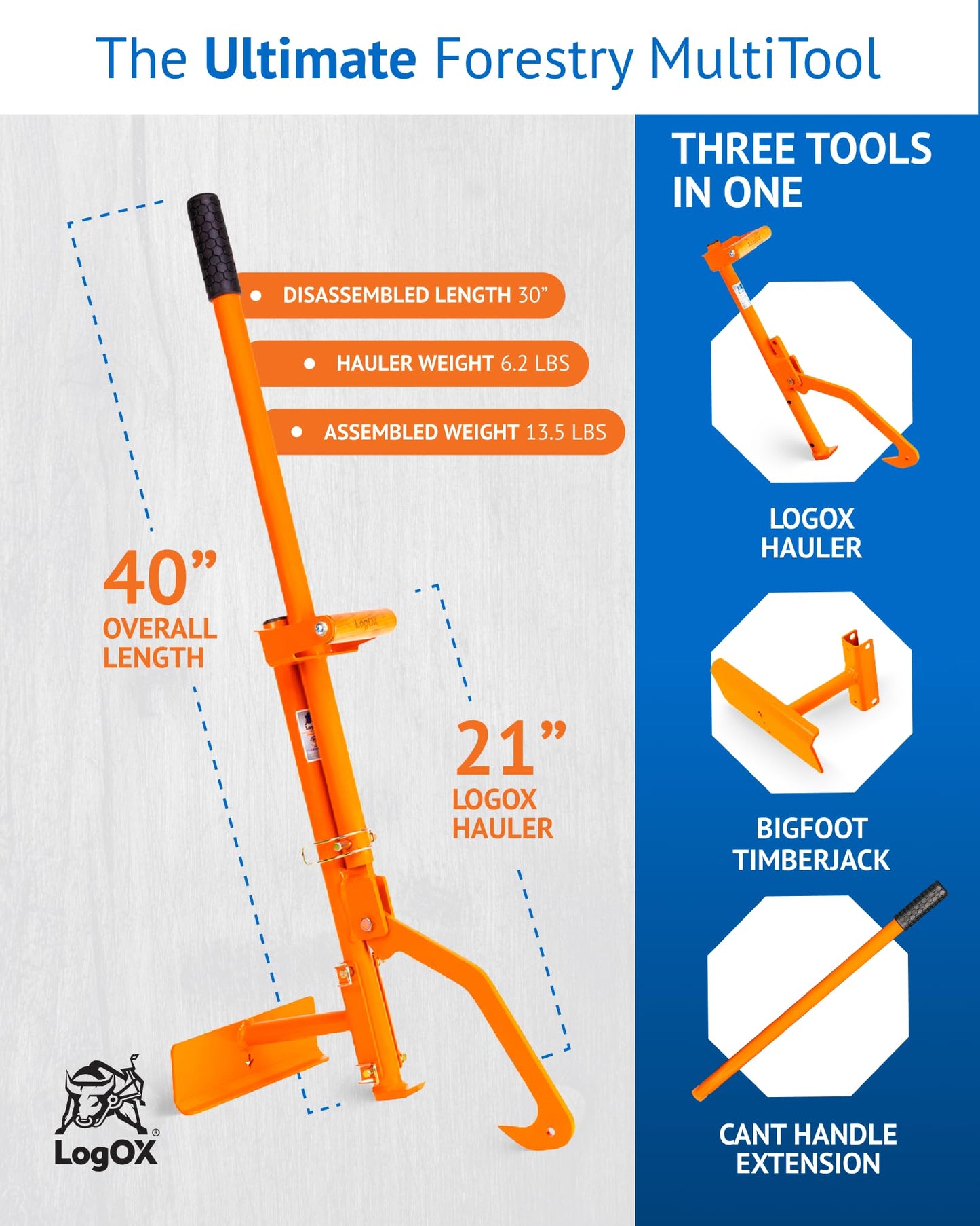 LogOX 3-in-1 Forestry Multitool, Firewood Harvesting Hand Tools, Reduce Back Strain and Heating Costs, Log Hauler, Cant Hook, and Timberjack, All-in-One (Patented & Made in USA)