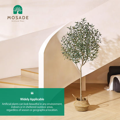 Artificial Olive Tree 6FT – Tall Faux Tree with Realistic Silk Leaves, Handmade Seagrass Basket, Low-Maintenance Large Fake Plants for Modern Office, Floor & Home Decor, Living Room, Indoor Plants