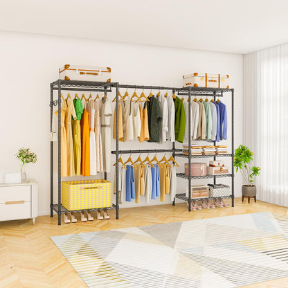 Exglobol Heavy Duty Garment Rack, Portable Expandable Freestanding 4 Tiers Adjustable Wire Shelves Clothes Rack with 2 Retractable Poles, 70.9-86.6" L x 15.7" W x 76.8" H, Max Load 900LBS, Black