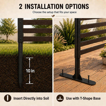 Metal Outdoor Privacy Screen Freestanding, 3 ft W x 6 ft H Rustproof Steel Pipes and Slats Panels, Decoative Privacy Screen Fence Panels Freestanding for Outside Patio Garden Backyard, Brown