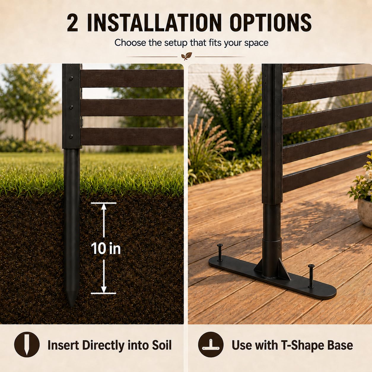 Metal Outdoor Privacy Screen Freestanding, 3 ft W x 6 ft H Rustproof Steel Pipes and Slats Panels, Decoative Privacy Screen Fence Panels Freestanding for Outside Patio Garden Backyard, Brown