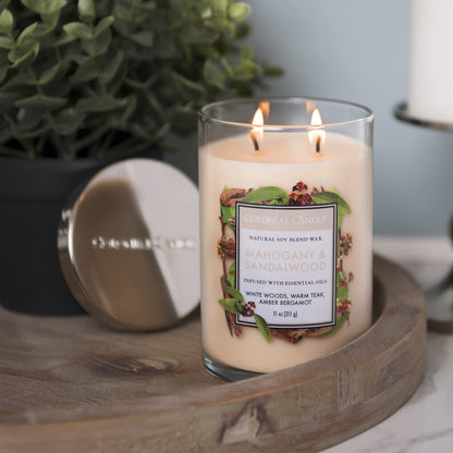 Colonial Candle Mahogany & Sandalwood Scented Jar Candle, Classic Cylinders Collection, 2 Wick, Brown, 11 oz - Up to 80 Hours Burn