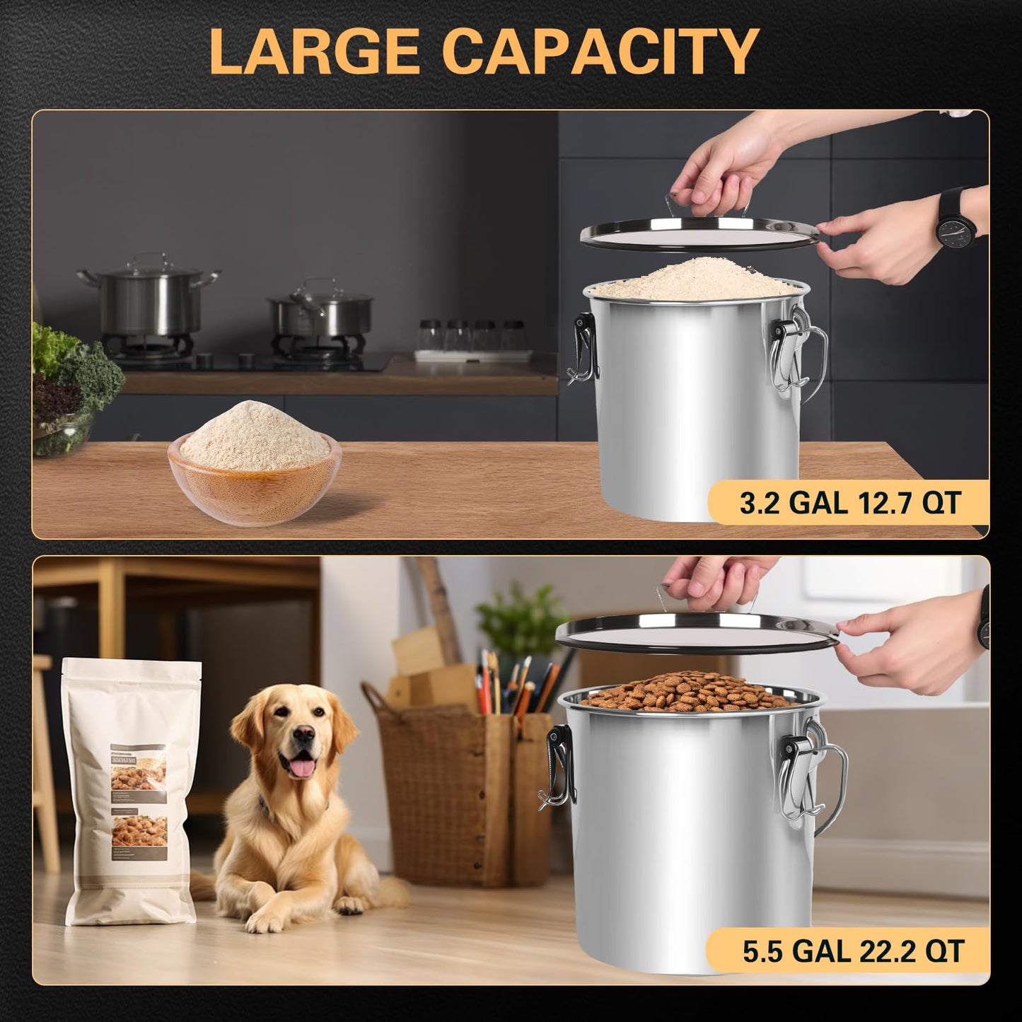 Nalison 21L/5.6GAL and 12L/3.2GAL Stainless Steel Airtight Canister, Food Storage Canisters with Lid&Locking Clamp for Rice Flour Sugar Grain Coffee Bean Storage Containers (12L & 21L,2 CANISTERS)