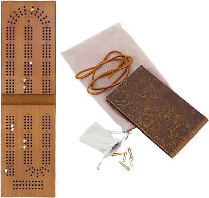 Travel Cribbage Board Game 3 Tracks Leather &amp Solid Bambo-Wood Pocket Sized Tiny Card Game Board