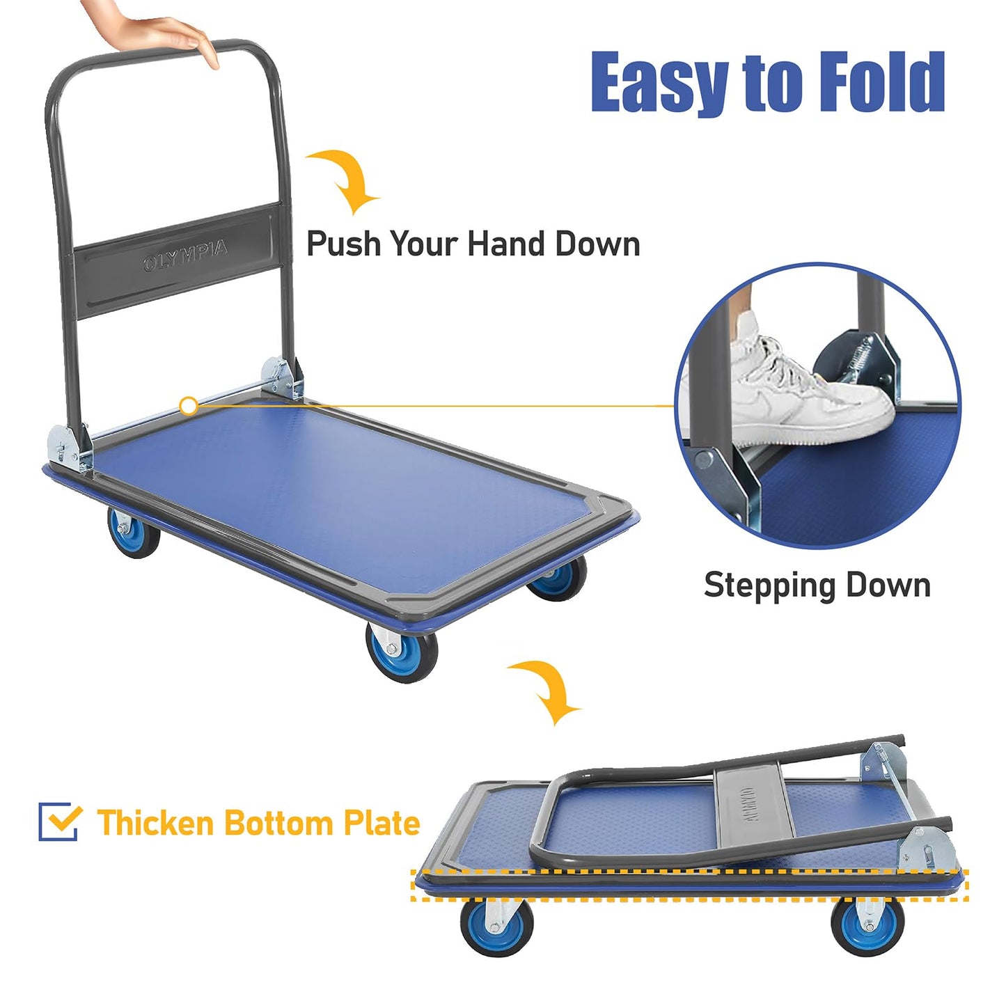 Olympia Tools Foldable Push Cart Dolly - 600 Lb. Capacity Heavy Duty Platform Truck with 360° Swivel Wheels - Blue