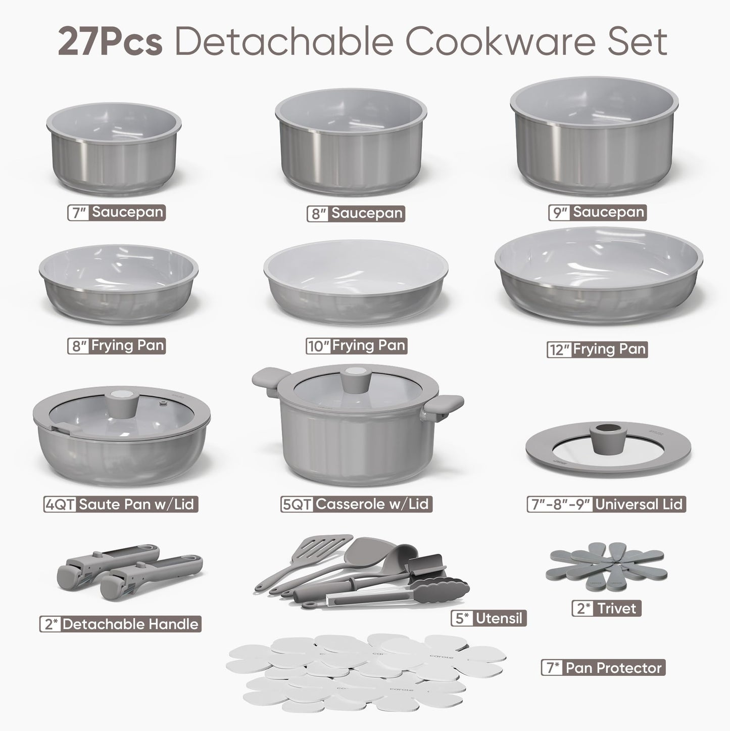 CAROTE 27pcs Ceramic Cookware Set Nonstick, Pots and Pans Set Non Stick, Non Toxic Cookware Detachable Handles, Dishwasher/Oven Safe, RV/Camping Cookware with Kitchen Utensils, Gray