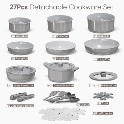 CAROTE 27pcs Ceramic Cookware Set Nonstick, Pots and Pans Set Non Stick, Non Toxic Cookware Detachable Handles, Dishwasher/Oven Safe, RV/Camping Cookware with Kitchen Utensils, Gray