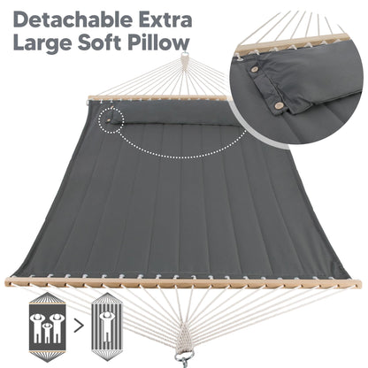 SUNCREAT Portable Tree Hammock with Hardwood Spreader Bar, Extra Large Soft Pillow, Heavy Duty 2 Person Hammock for Indoor, Outdoor, Gray