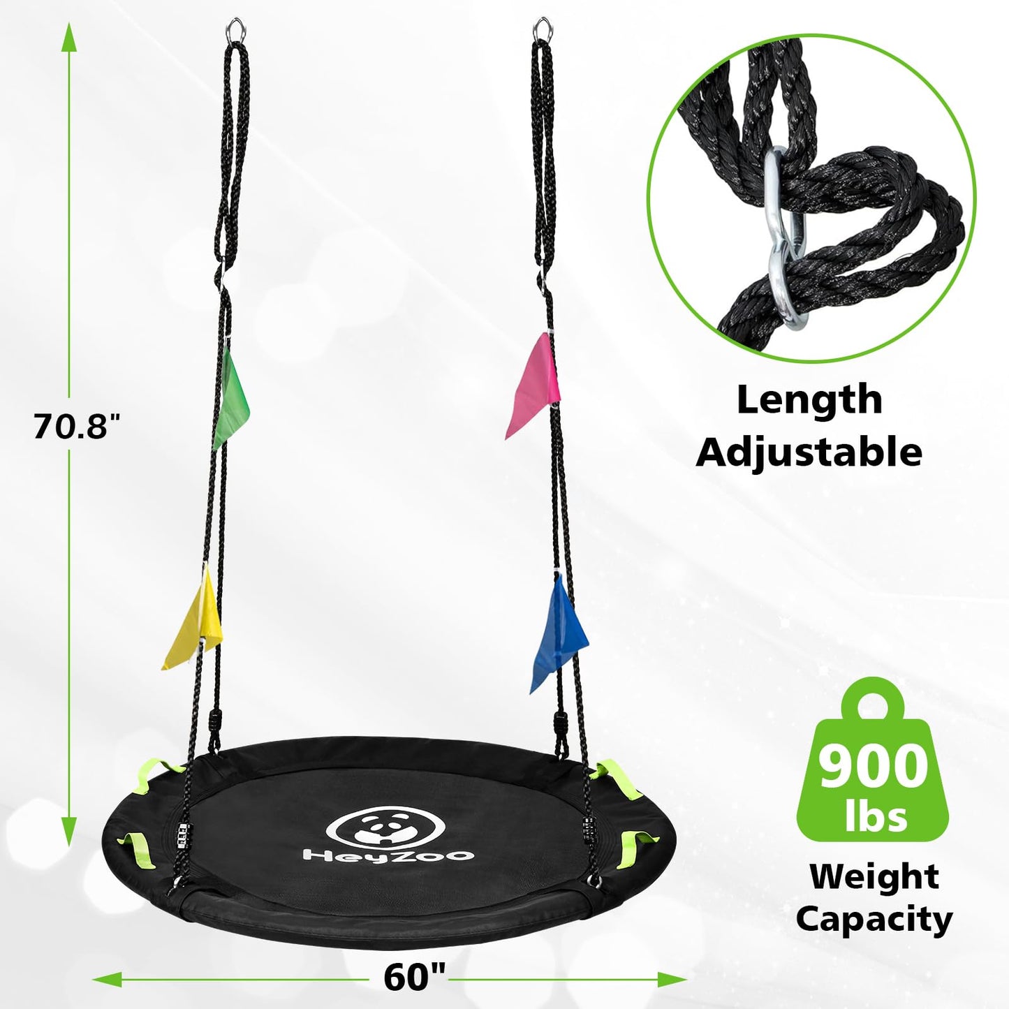 HeyZoo Tree Swing, 60 inch Larger Saucer Swing for Whole Family, 900lbs Weight Capacity, with Adjustable Hanging Straps, for Outdoor Backyard, Gifts for Kids, Black