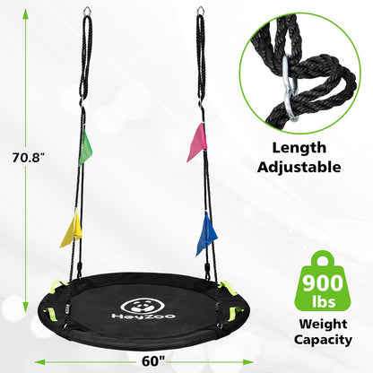 HeyZoo Tree Swing, 60 inch Larger Saucer Swing for Whole Family, 900lbs Weight Capacity, with Adjustable Hanging Straps, for Outdoor Backyard, Gifts for Kids, Black