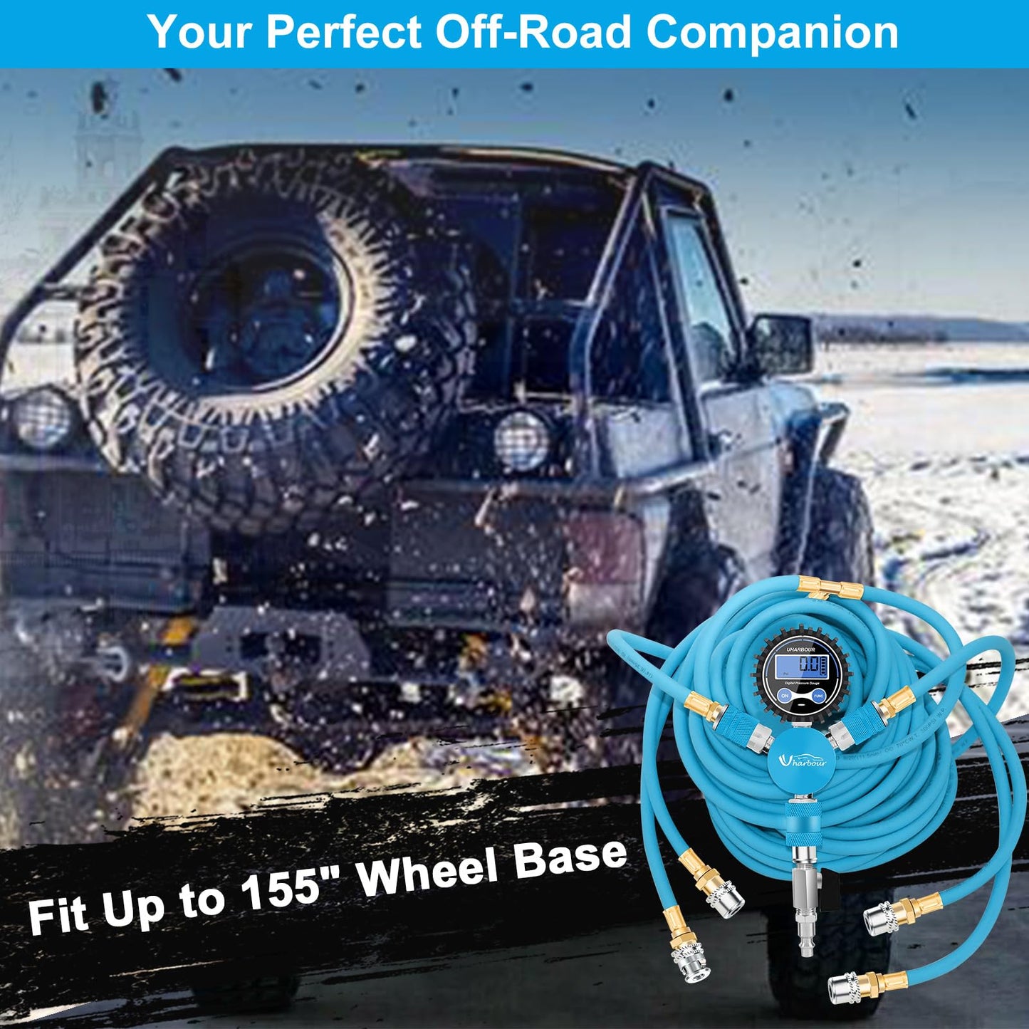 Uharbour 4 Tire Inflation Deflation System, 4 Tire Air Up Down System, 4 Tire Pressure Equalizer, Inflate or Deflate All 4 Tires at Once, Flexible Air Hose Fits Up to 155" Wheelbase.