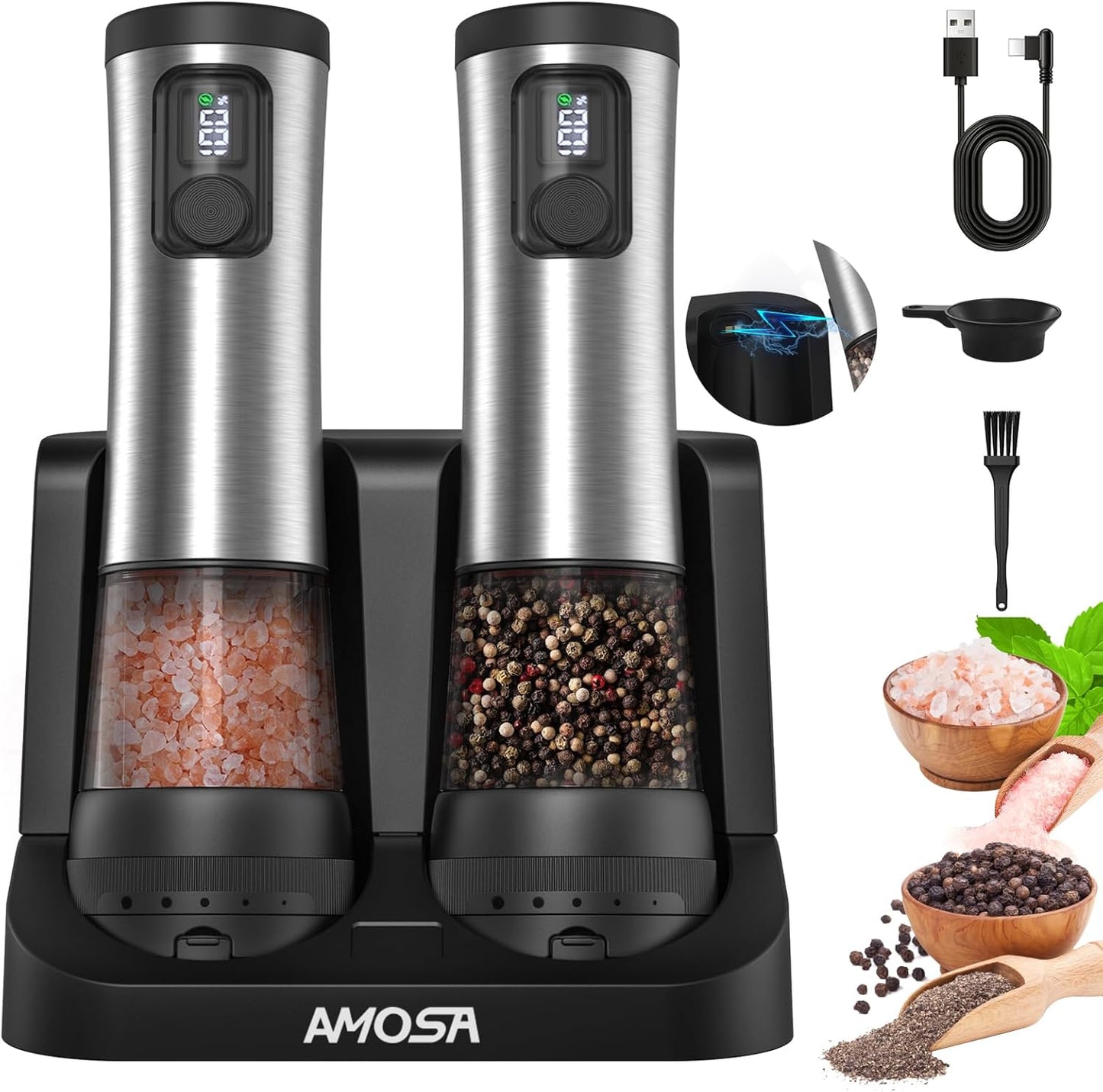 Skiennix Electric Salt and Pepper Grinder Set - Upgraded 2-Speed, Adjustable Coarseness, Rechargeable Stainless Steel Mill with LED Light