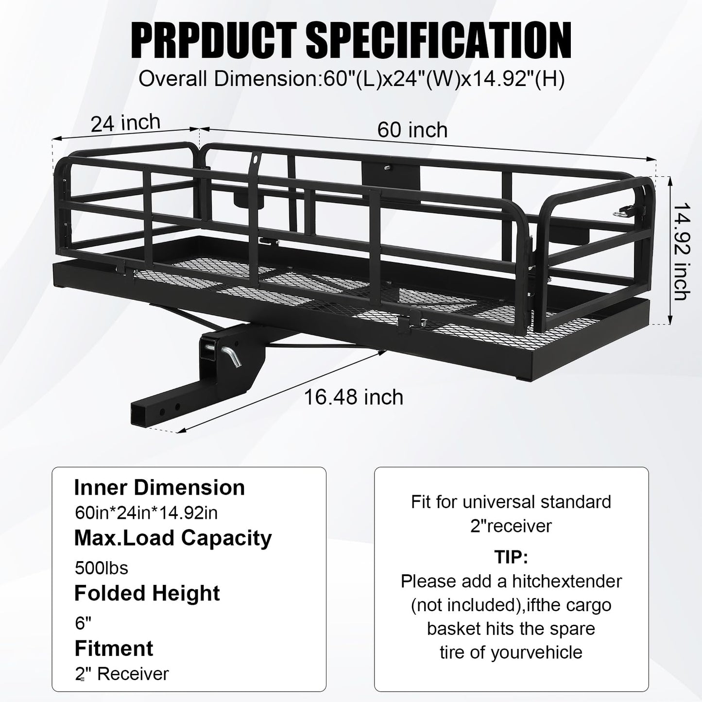 Trailer Hitch Cargo Rack, Folding Hitch Mount Cargo Carrier with High Side Rails, Cargo Carrier Fits 2" Receiver for RV Truck SUV Van, 500 lbs Weight Capacity, 60" L×24" W×14.9" H