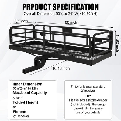Trailer Hitch Cargo Rack, Folding Hitch Mount Cargo Carrier with High Side Rails, Cargo Carrier Fits 2" Receiver for RV Truck SUV Van, 500 lbs Weight Capacity, 60" L×24" W×14.9" H