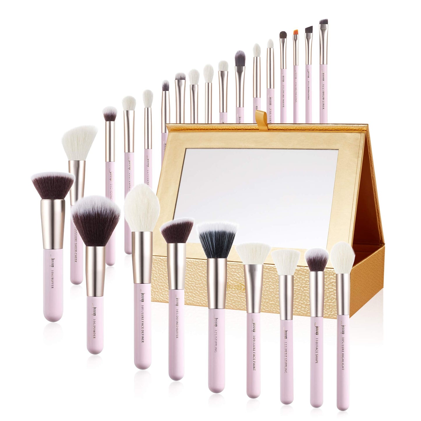Jessup Brand 25pcs Professional Makeup Brush Set Beauty Cosmetic Foundation Powder Blusher Eyeshadow Blending Highlight Concealer Natural-Synthetic Hair Brushes Set (Pearl White/Silver)