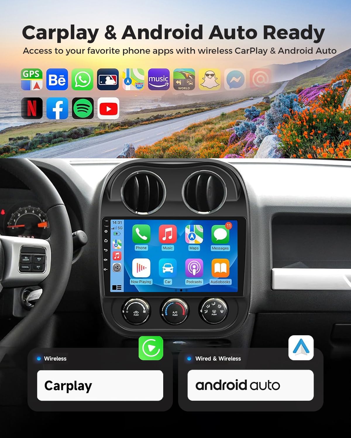 5G-WiFi (4G+64G) Car Stereo Radio for Jeep Patriot Compass 2010-2016, 10 Inches IPS HD Touch Screen Car Radio Wireless CarPlay Android Auto, GPS FM/SWC Bluetooth Backup Camera