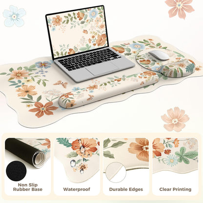 Anyshock Scalloped Office Desk Cover Mat+Keyboard Wrist Rest+Mouse Wrist Rest+Coaster Set,Scalloped Desktop mat for Teacher Desk Cover,Pastel Home Office Essentials