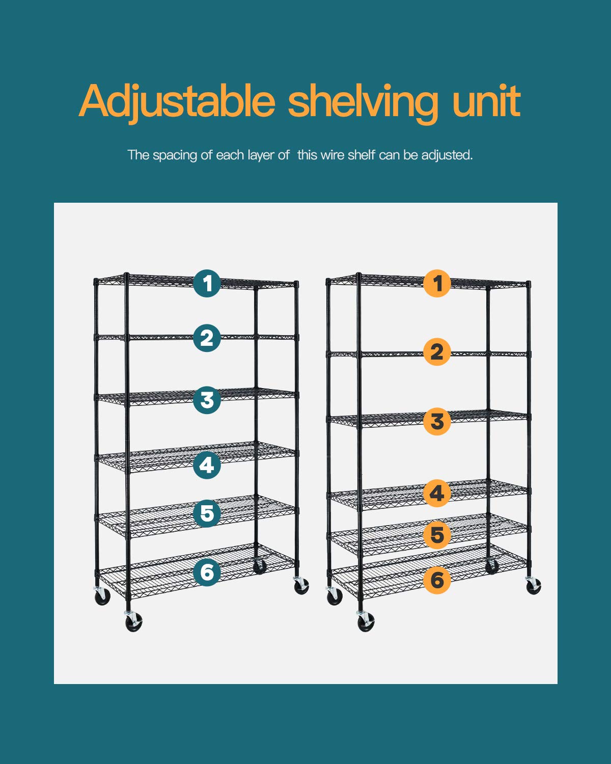 BestMassage Wire Shelving Unit Heavy Duty Garage Storage Shelves Large Metal Shelf Organizer 6-Tier Height Adjustable Commercial Grade Utility Steel Rack with Wheels,18 x 48 x 72 (Black)