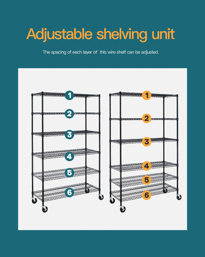 BestMassage Wire Shelving Unit Heavy Duty Garage Storage Shelves Large Metal Shelf Organizer 6-Tier Height Adjustable Commercial Grade Utility Steel Rack with Wheels,18 x 48 x 72 (Black)
