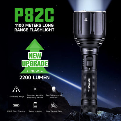 NEXTORCH P82C Long Range LED Flashlight, 2200 Lumens Handheld Torch Ultra Bright, 1100 Meters Beam Distance Searchlight with Nano-Ceramic Bezel, USB-C Rechargeable for Security Patrol, Outdoor, Rescue