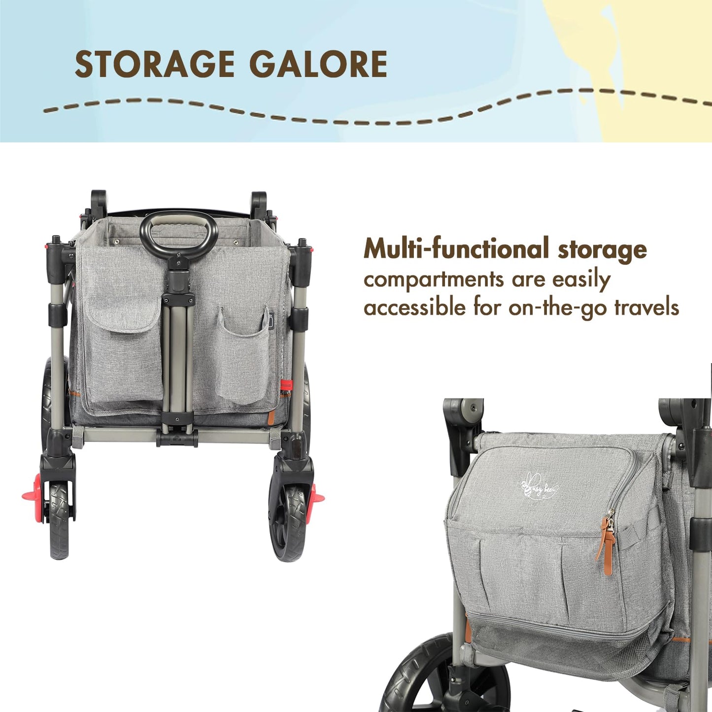Busy Bee Foldable Wagon Stroller for 2 Kids, Push Pull Collapsible Kids Wagon with Adjustable Handle Bar, Removable Canopy, 5-Point Harness, Shock-Absorbing Wheels, Grey