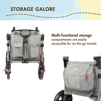 Busy Bee Foldable Wagon Stroller for 2 Kids, Push Pull Collapsible Kids Wagon with Adjustable Handle Bar, Removable Canopy, 5-Point Harness, Shock-Absorbing Wheels, Grey