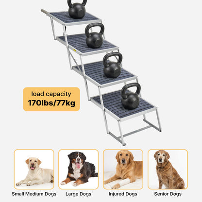 Veehoo Extra Wide Dog Steps for Car SUV Truck Foldable, 4 Steps Portable Aluminum Dog Stairs for Injured Senior Large Dogs 20" Wide, Heavy Duty Pet Ramp Ladder with Non Slip Surface, up to 170lbs