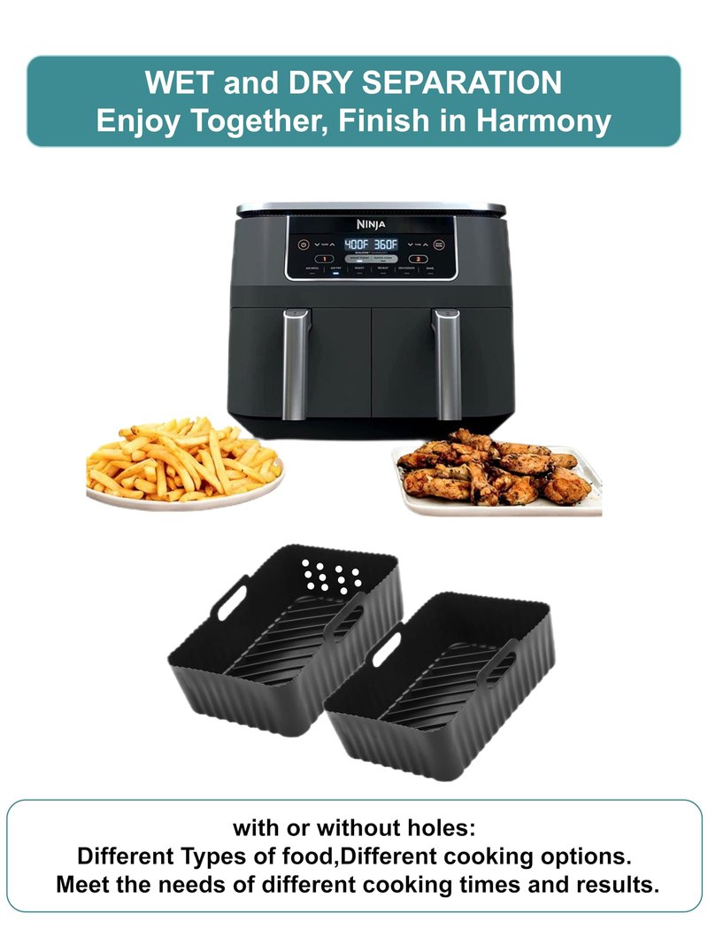 Szyeequoo Silicone Air Fryer Liners 2 Pack for Ninja Dual Zone, 1 Perforated and 1 Solid, Rectangle Reusable Liners for DZ201 DZ401 DZ550 DZ302, COSORI 9QT Instant Chefman Dual Basket Air Fryers