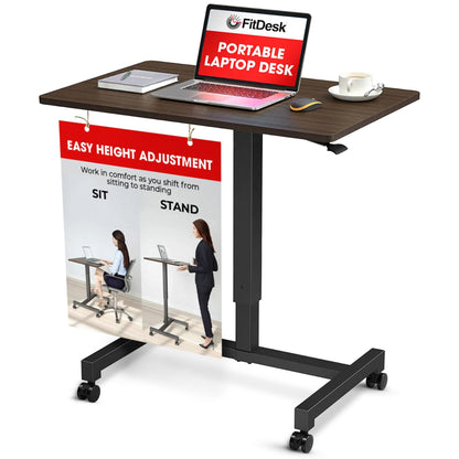 FitDesk Portable Laptop Desk, Rolling Standing Workstation Adjustable Height, Compact Standing Table with Large Surface, Small Stand Desk for Home Office, 30 lb Weight Limit – Walnut, 27" Tabletop