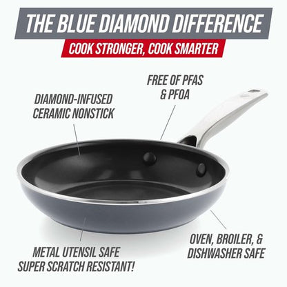 Blue Diamond 8" Nonstick Frying Pan - Ceramic Diamond Infused, PFAS-Free, Dishwasher & Oven Safe, Gray