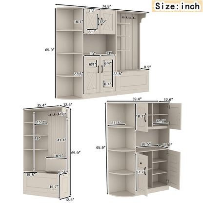 KEIKI Multifunction Entryway Storage Cabinet Set with Bench, Modular Hallway Organizer with Hooks, Open Shelves, Hidden Storage, Farmhouse Accent Cabinet for Living Room, Kitchen, Entryway, Beige