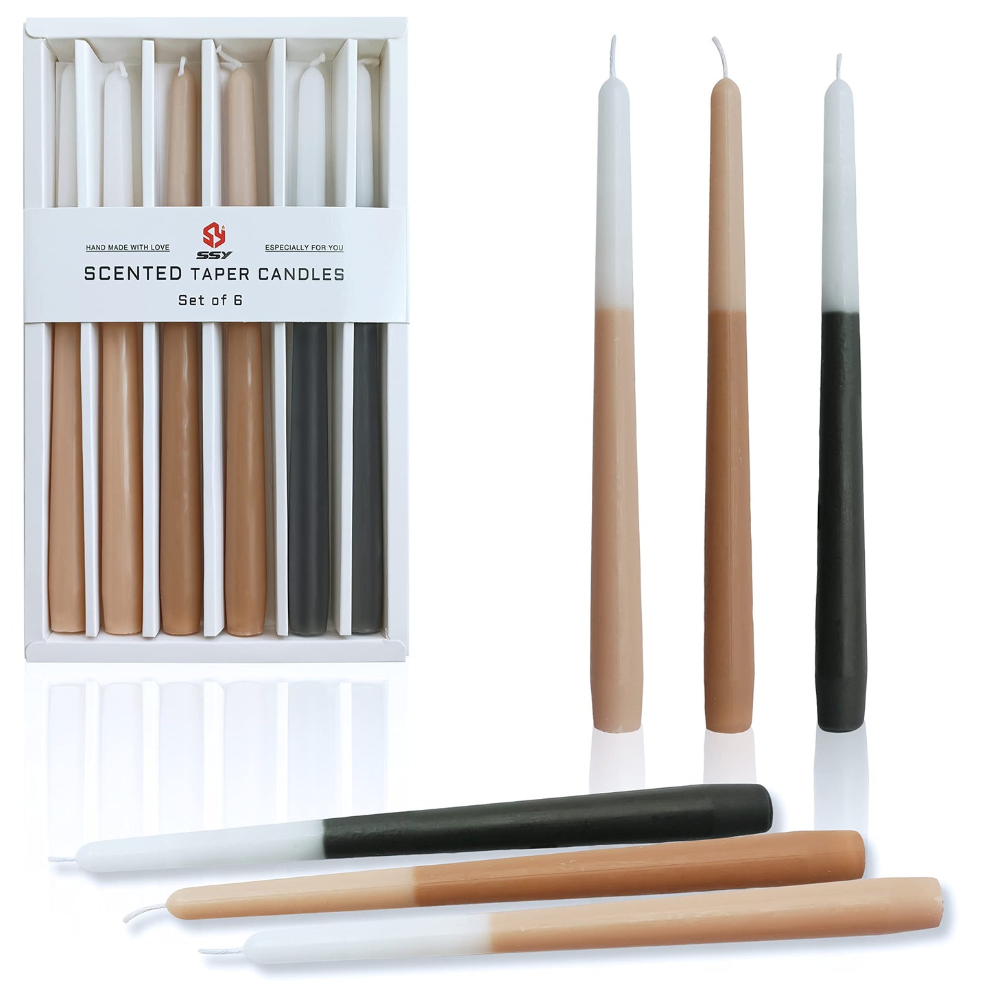 10 Inch Taper Candles Set of 6, Bluebell Scent Handmade Brown Beige Black Color Block Tapered Candles, Candle Stick Dinner Candles for Wedding Candlesticks