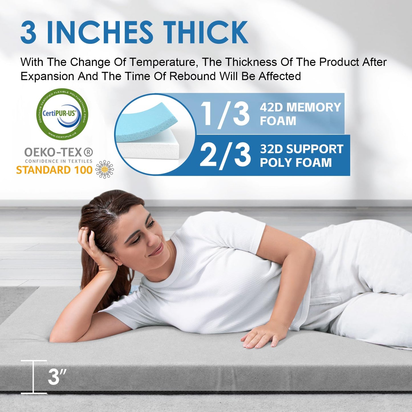 KingChii CertiPUR-US Memory Foam Camping Mattress, Portable Roll Up Travel Car Camping Mattress Sleeping Pad & Floor Mattress, Cot Mattress Guest Bed for Sleepover with Waterproof Cover & Travel Bag