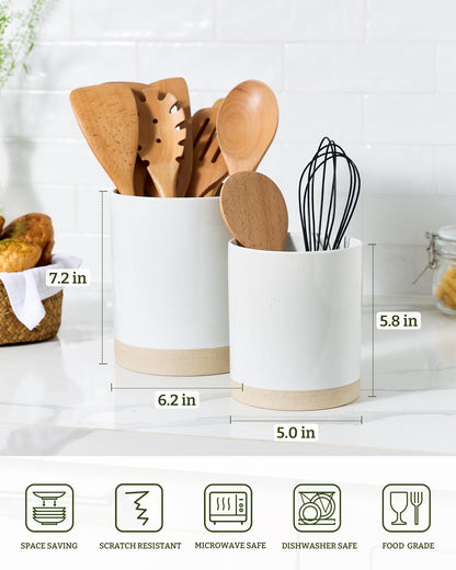 famiware Milkyway Kitchen Utensil Holder for Countertop, 7.2"+5.8" Ceramic Cooking Utensil Crocks for Counter, Utensil Organizer for Spatula & Spoon, Kitchen Decor, Set of 2, White