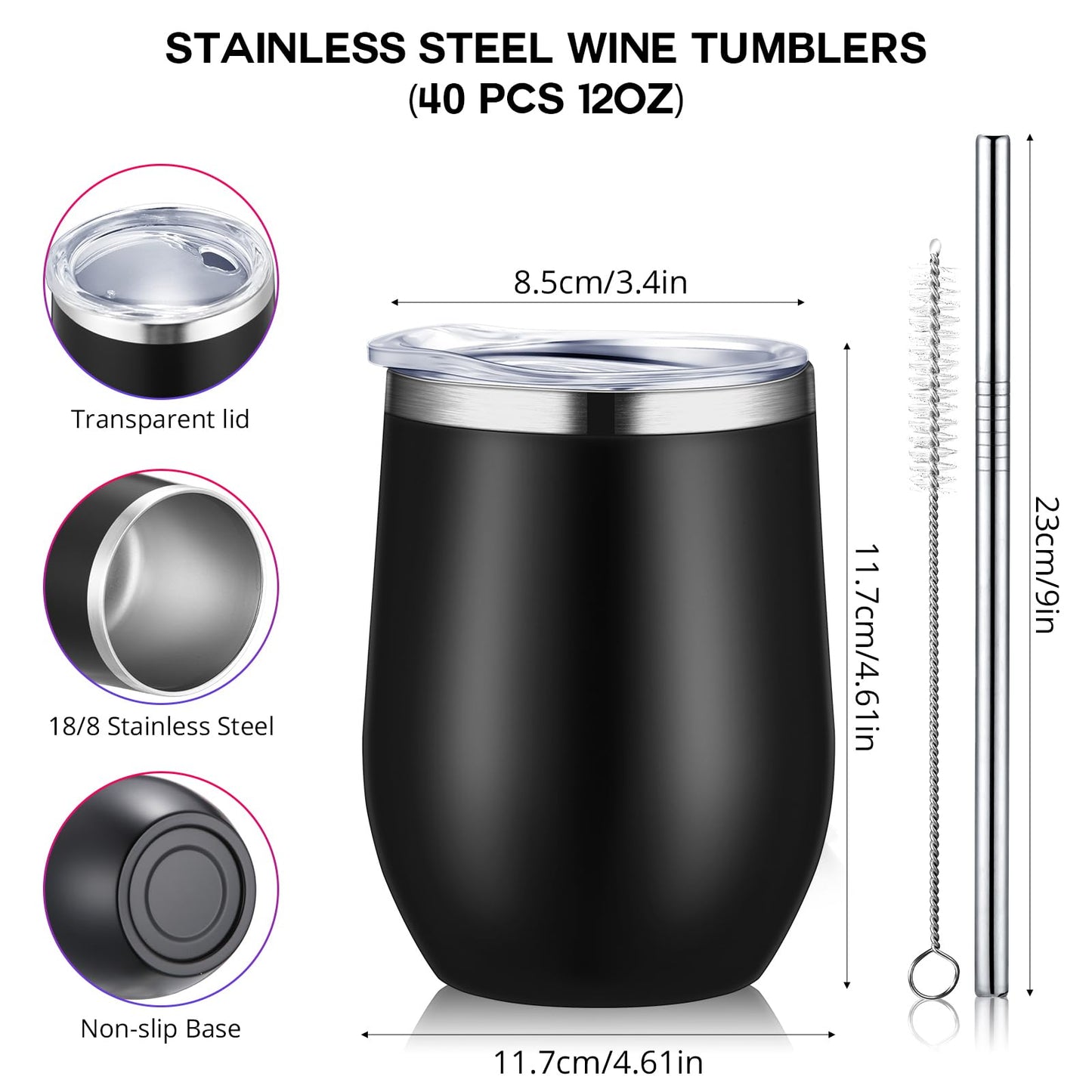 Sieral 40 Pack Insulated Wine Tumblers Bulk 12oz Stainless Steel Wine Cups with Lids & Straws, Double Wall Vacuum Coffee Tumbler for Wedding Party, Employee Teacher Nurse Gifts(Black)