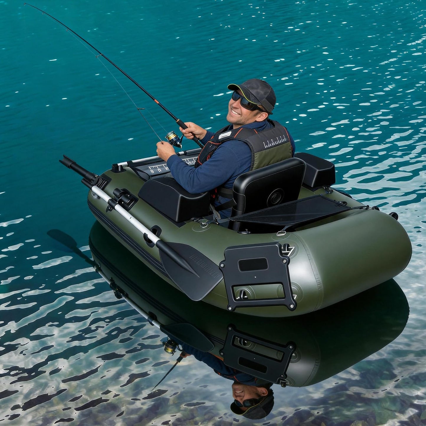 Xproutdoor Fishing Float Tube, Belly Boat Fishing with Pump, Fish Ruler, Adjustable Straps, Storage Pockets, 2 Oars, 2 Rod Holders, Motor Bracket Inflatable Float Tube for 330 LBS Load Capacity