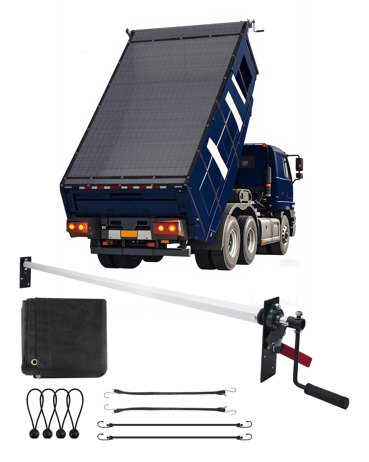Ezcasch Duty Dump Truck Tarp Roller Kit with 7'x12' Mesh Tarp Hand Crank Tarp Roller Kit Adjustable Width Up to 113'' Aluminum Alloy Rust-Resistant with Complete Accessories for Dump Truck&Trailer