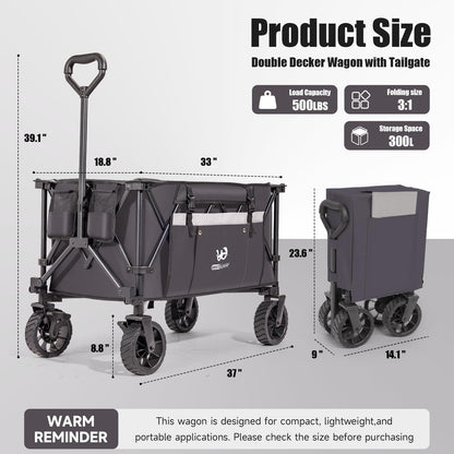 Whitsunday Folding Collapsible Utility Wagon, 400Lbs Heavy Duty Outdoor Park Beach Wagon with Table and Side Pocket for Garden Camping Sports Shopping Grey